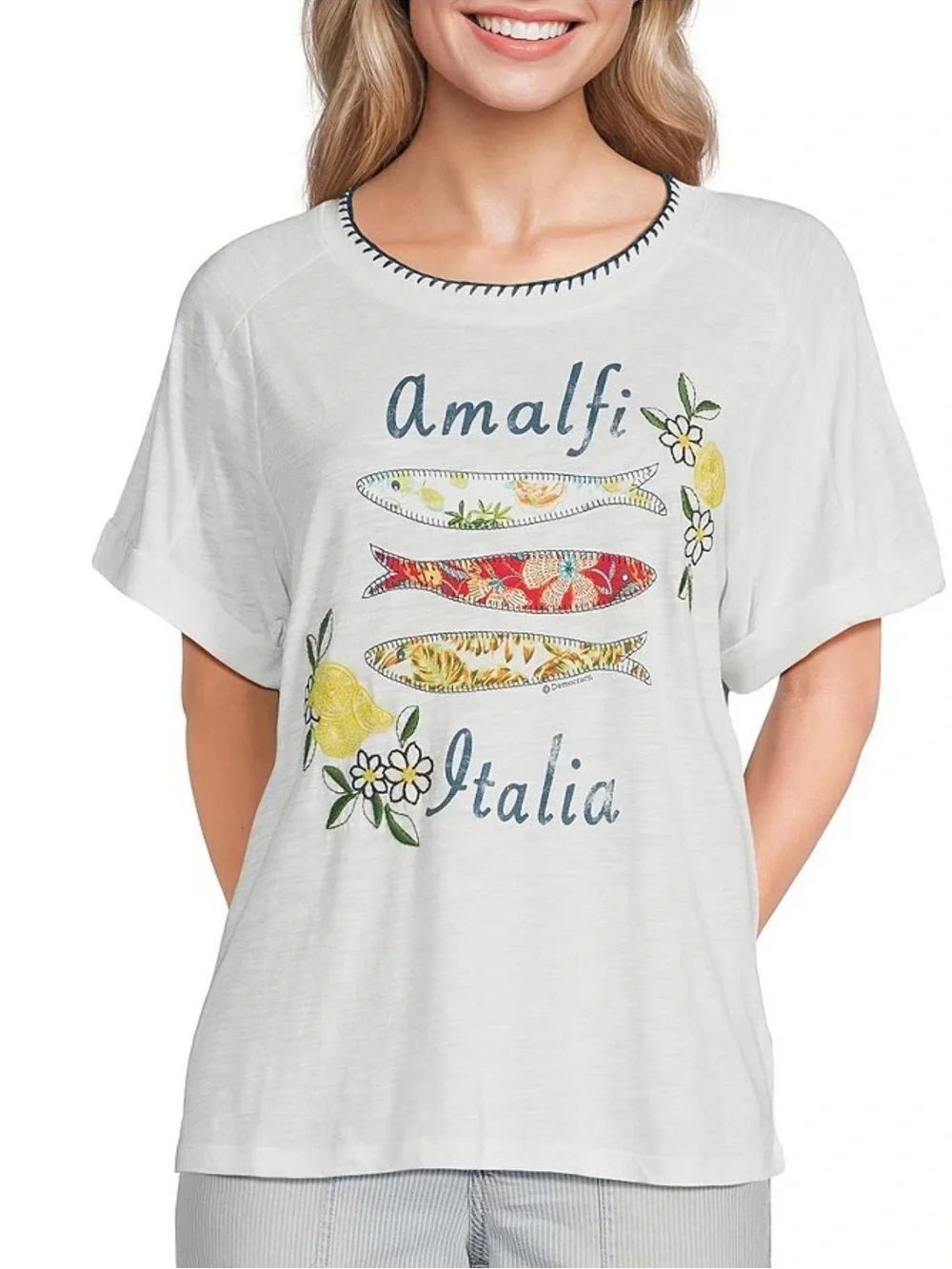 Democracy S White Amalfi Italia Fish Lemons Mediterranean Graphic Front Tee